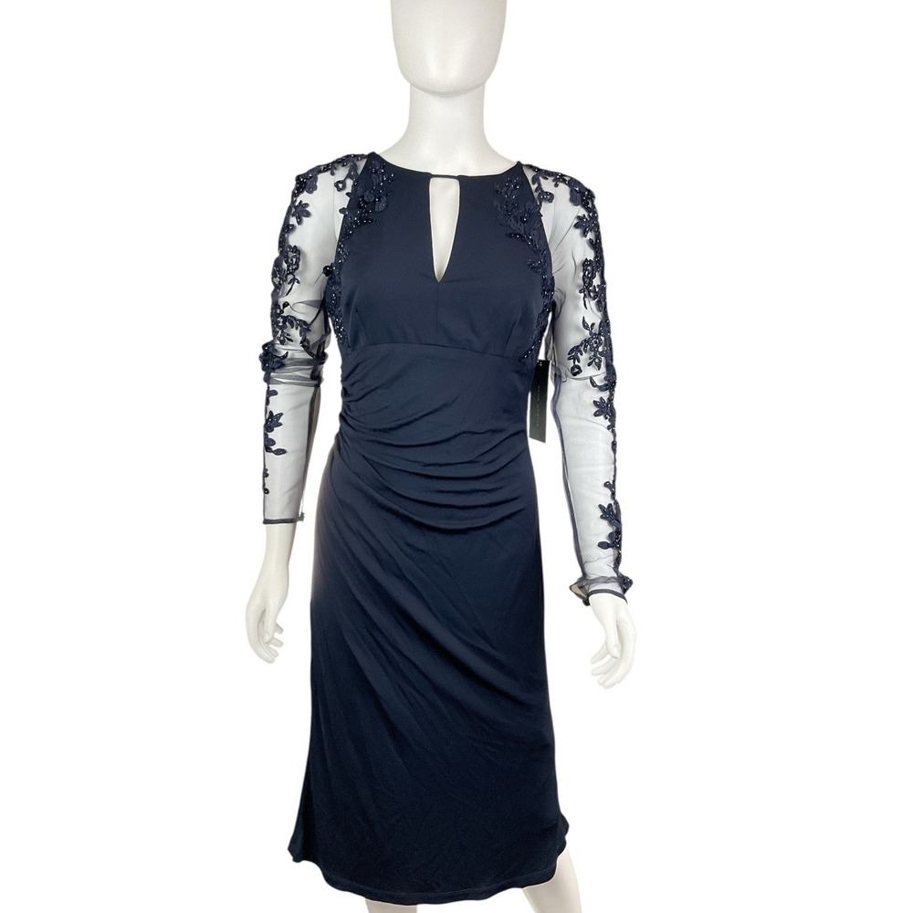 David Meister Navy Blue Beaded Evening Gown W/Sheer Sleeves & Floral Embroidery